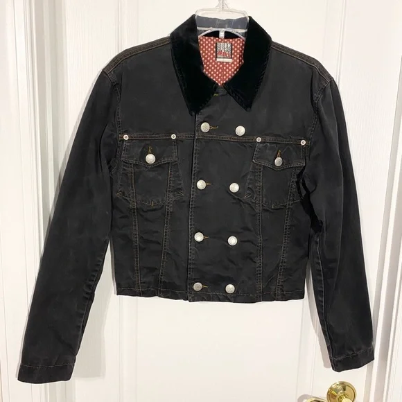 90s Jean Paul Gaultier Jeans Velvet Collar Cropped Denim Jacket Vintage Black S